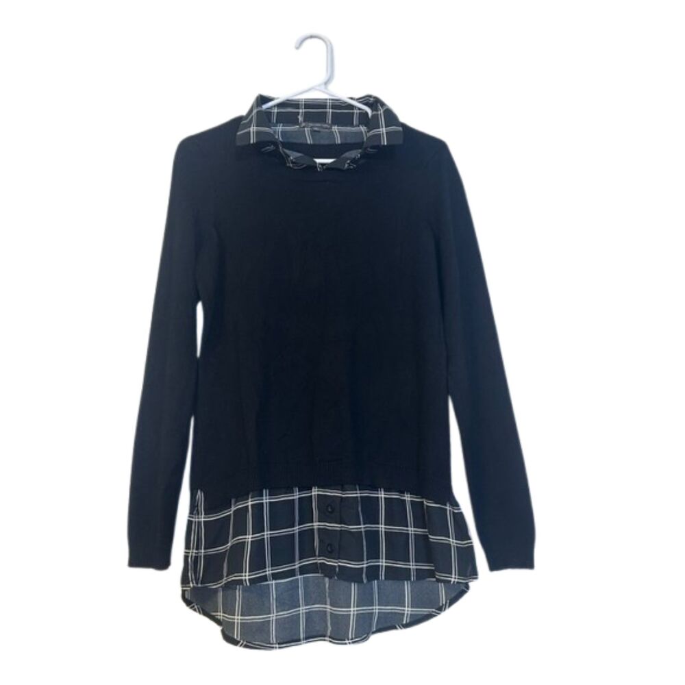 Adrianna Papell Window Pane Layered Twofer Knit Sweater Womens Small Black Rayon